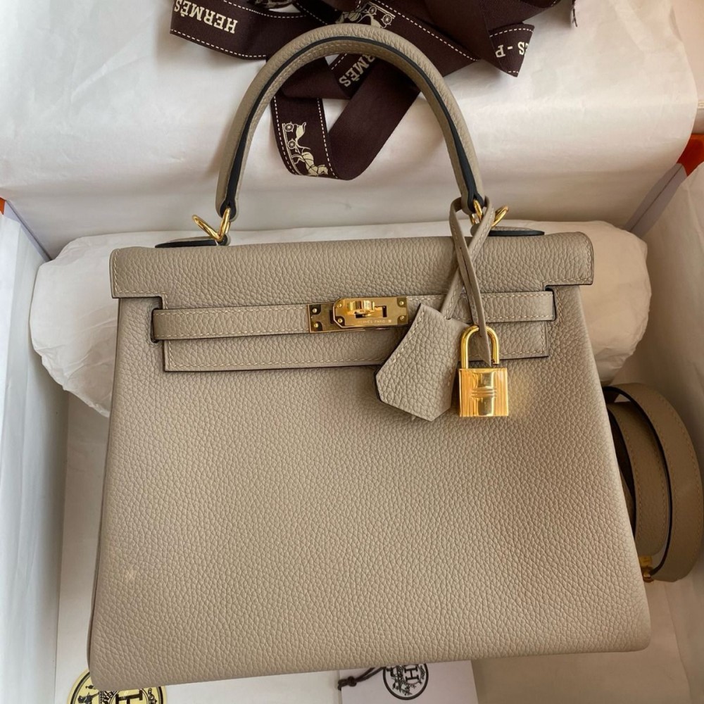 High Quality Replica Hermes Kelly Retourne 25 Handmade Bag In Gris Tourterelle Clemence Leather $ 479 USD
